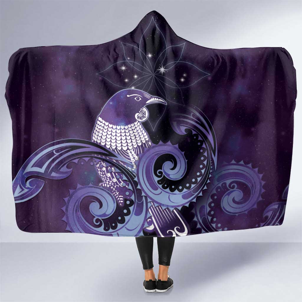 New Zealand Matariki Hooded Blanket Maori Tui Bird Purple Galaxy