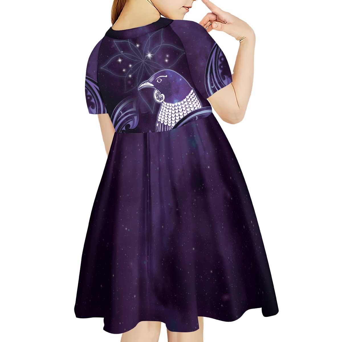 New Zealand Matariki Kid Short Sleeve Dress Maori Tui Bird Purple Galaxy