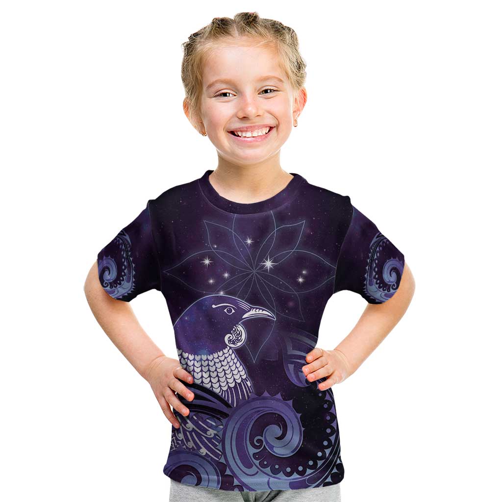 New Zealand Matariki Kid T Shirt Maori Tui Bird Purple Galaxy