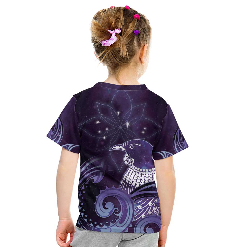 New Zealand Matariki Kid T Shirt Maori Tui Bird Purple Galaxy