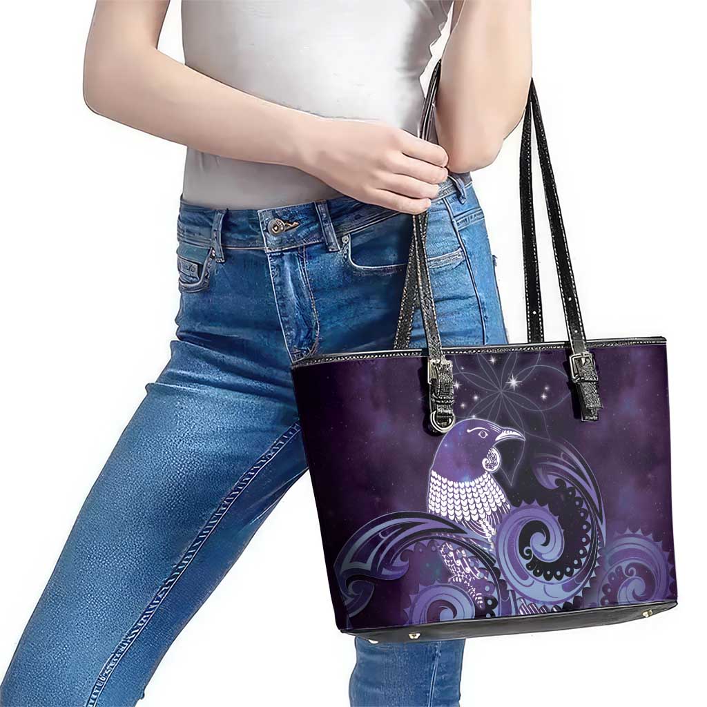 New Zealand Matariki Leather Tote Bag Maori Tui Bird Purple Galaxy