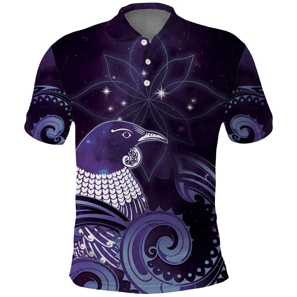 New Zealand Matariki Polo Shirt Maori Tui Bird Purple Galaxy