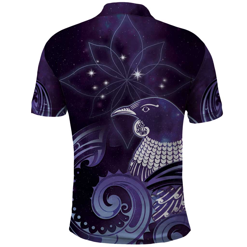 New Zealand Matariki Polo Shirt Maori Tui Bird Purple Galaxy