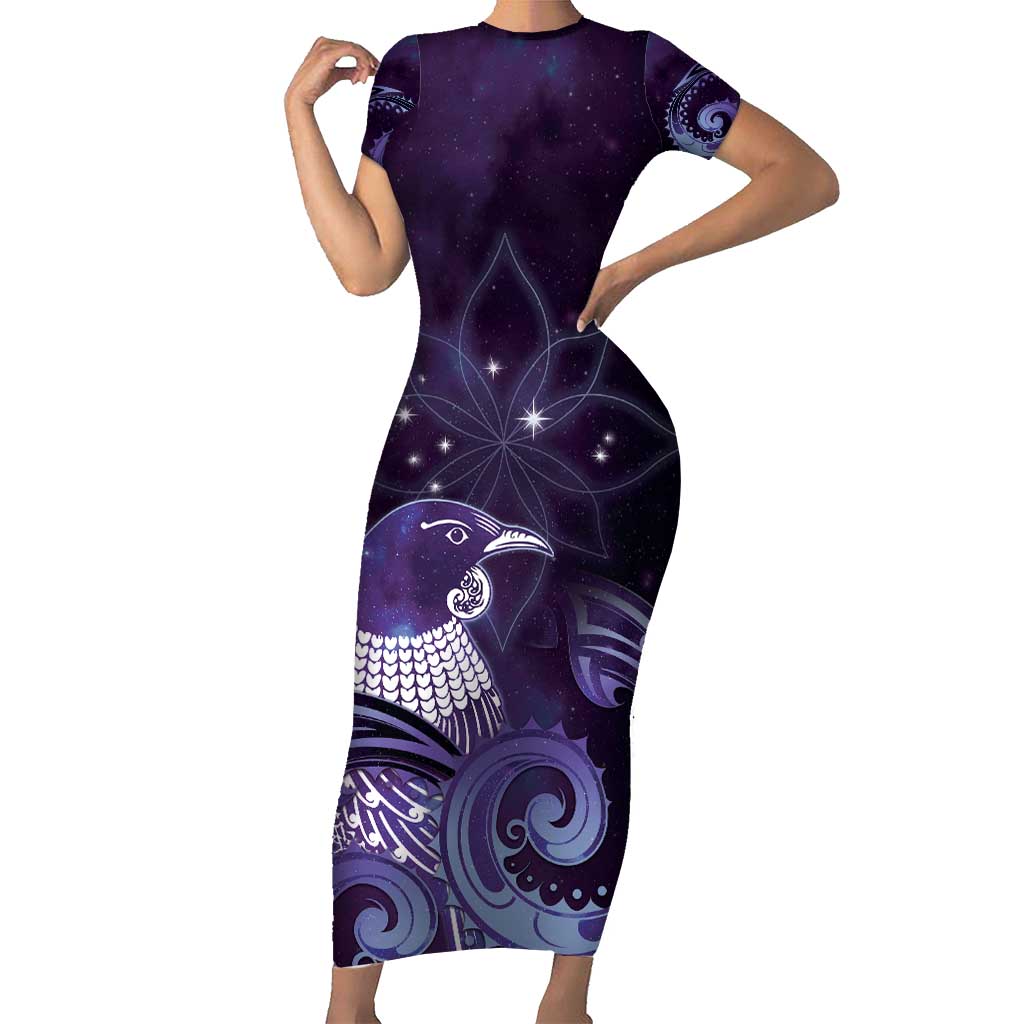 New Zealand Matariki Short Sleeve Bodycon Dress Maori Tui Bird Purple Galaxy