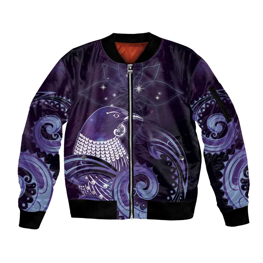 New Zealand Matariki Sleeve Zip Bomber Jacket Maori Tui Bird Purple Galaxy