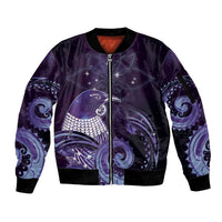 New Zealand Matariki Sleeve Zip Bomber Jacket Maori Tui Bird Purple Galaxy