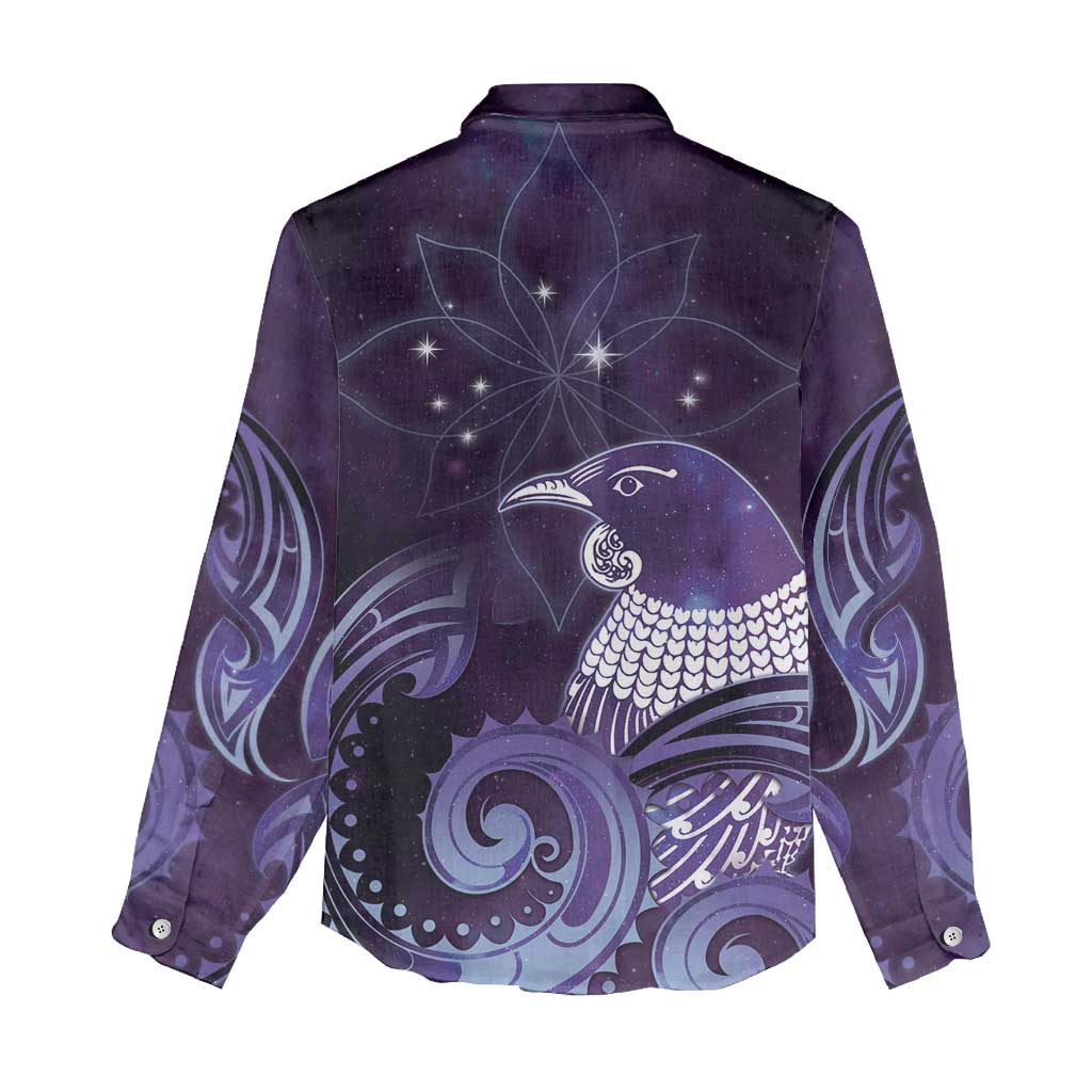New Zealand Matariki Women Casual Shirt Maori Tui Bird Purple Galaxy