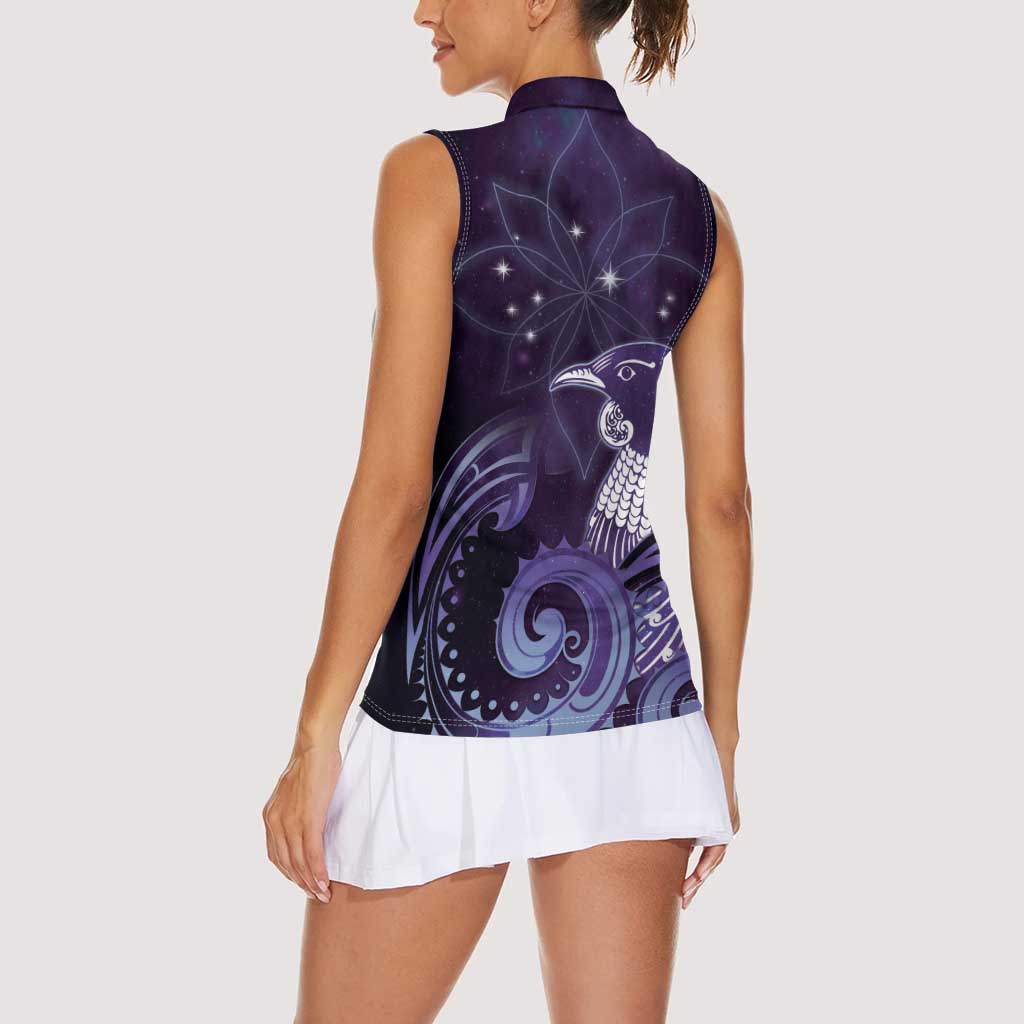 New Zealand Matariki Women Sleeveless Polo Shirt Maori Tui Bird Purple Galaxy