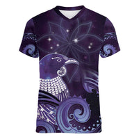 New Zealand Matariki Women V-Neck T-Shirt Maori Tui Bird Purple Galaxy