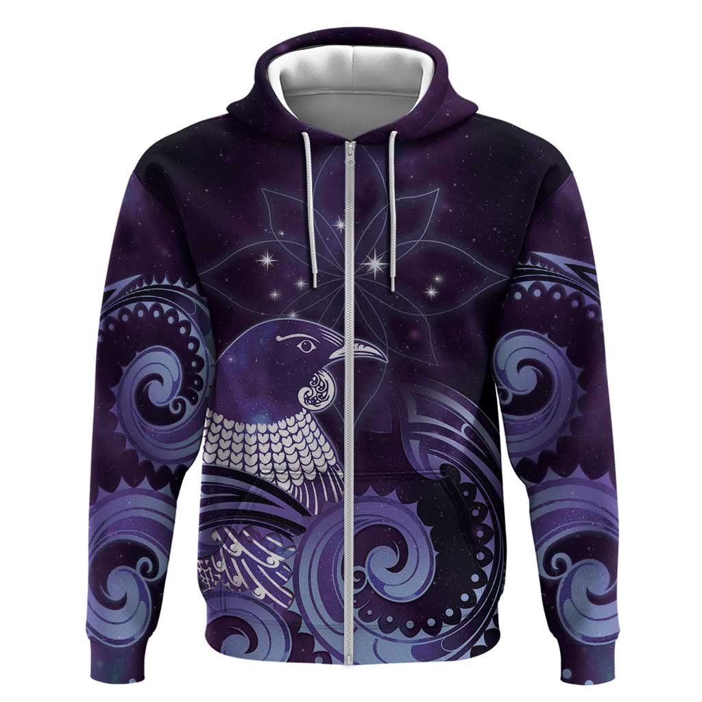New Zealand Matariki Zip Hoodie Maori Tui Bird Purple Galaxy