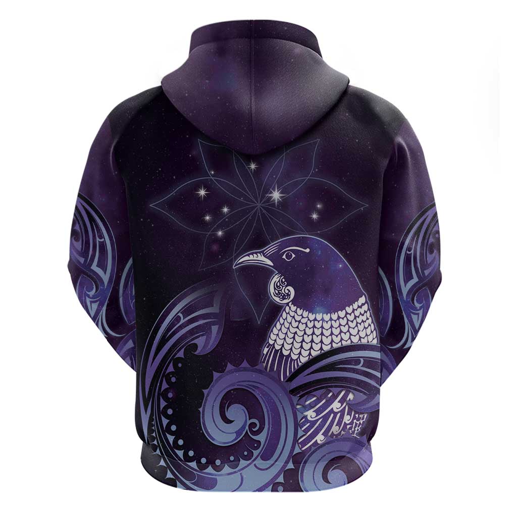 New Zealand Matariki Zip Hoodie Maori Tui Bird Purple Galaxy