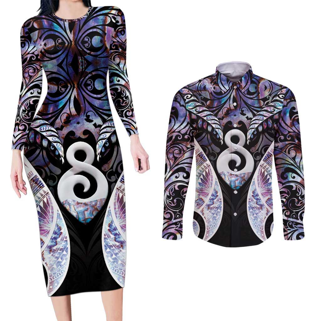New Zealand Aotearoa Couples Matching Long Sleeve Bodycon Dress and Long Sleeve Button Shirt Pikorua Single Twist Pink Paua Shell