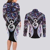 New Zealand Aotearoa Couples Matching Long Sleeve Bodycon Dress and Long Sleeve Button Shirt Pikorua Single Twist Pink Paua Shell