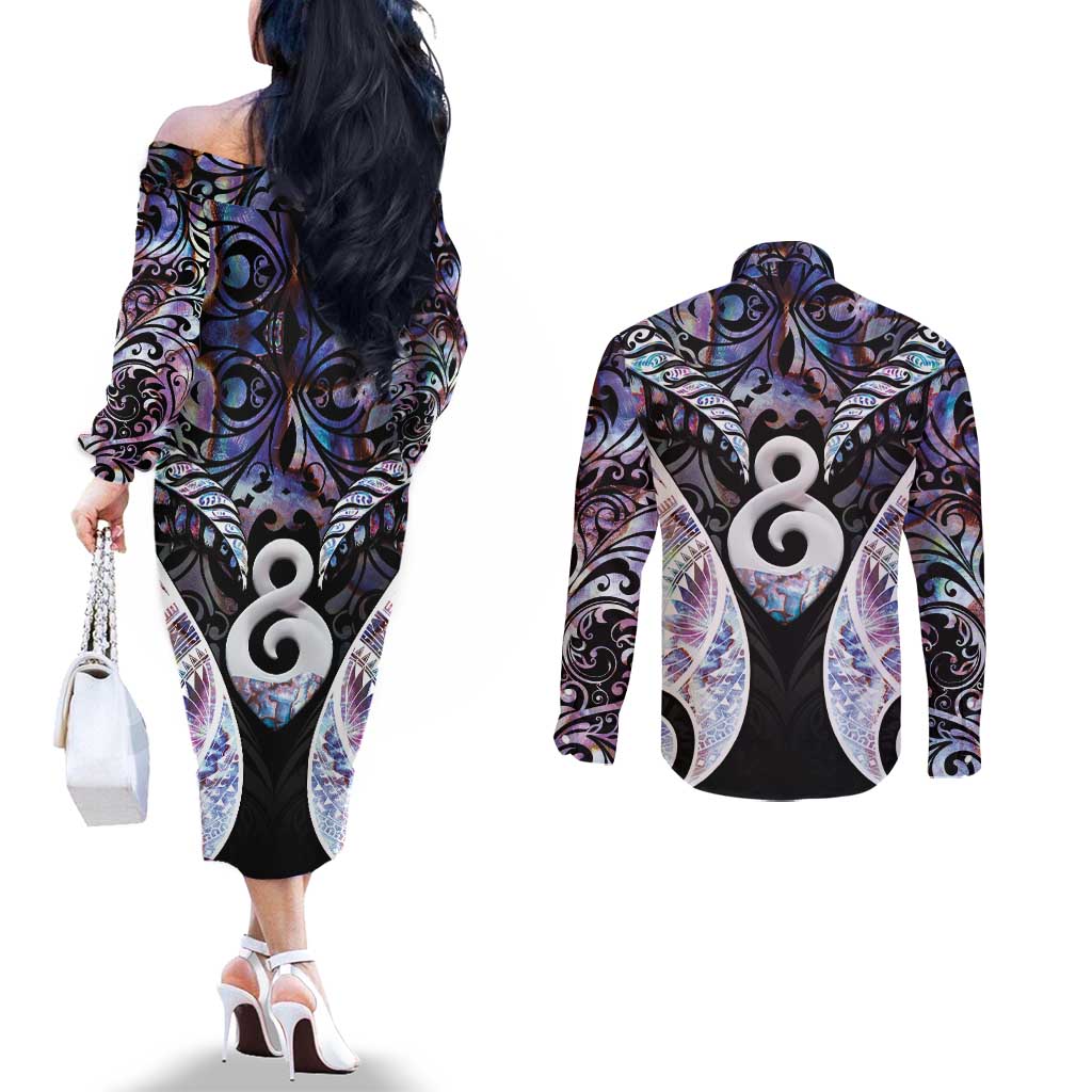 New Zealand Aotearoa Couples Matching Off The Shoulder Long Sleeve Dress and Long Sleeve Button Shirt Pikorua Single Twist Pink Paua Shell