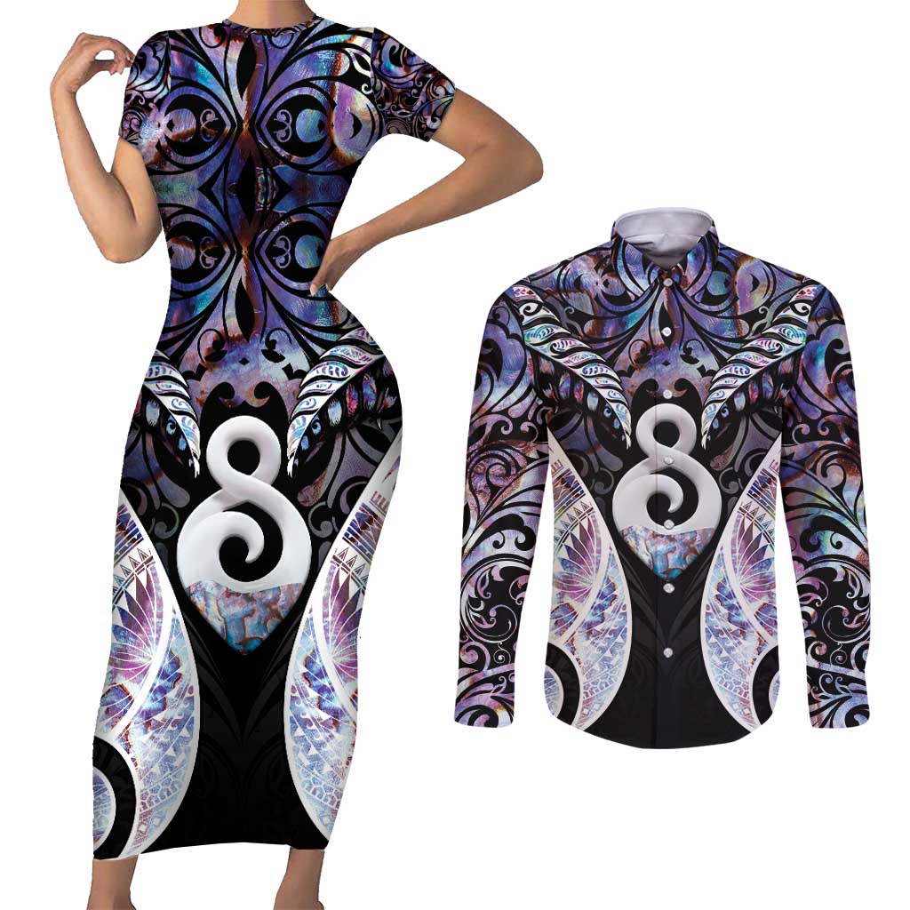 New Zealand Aotearoa Couples Matching Short Sleeve Bodycon Dress and Long Sleeve Button Shirt Pikorua Single Twist Pink Paua Shell