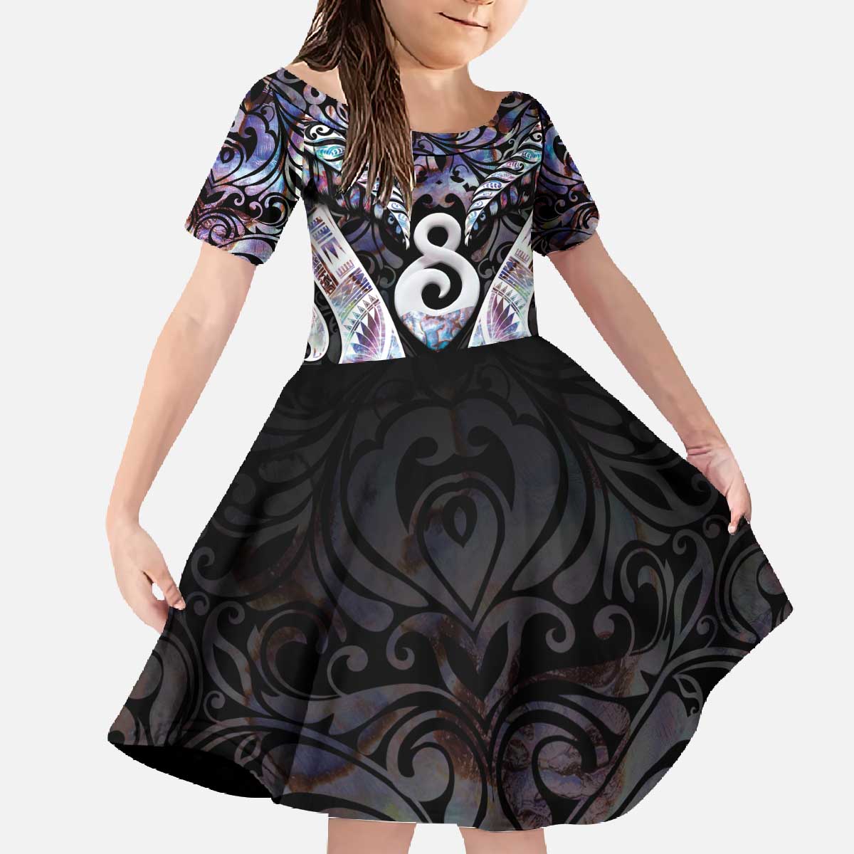 New Zealand Aotearoa Family Matching Off The Shoulder Long Sleeve Dress and Hawaiian Shirt Pikorua Single Twist Pink Paua Shell
