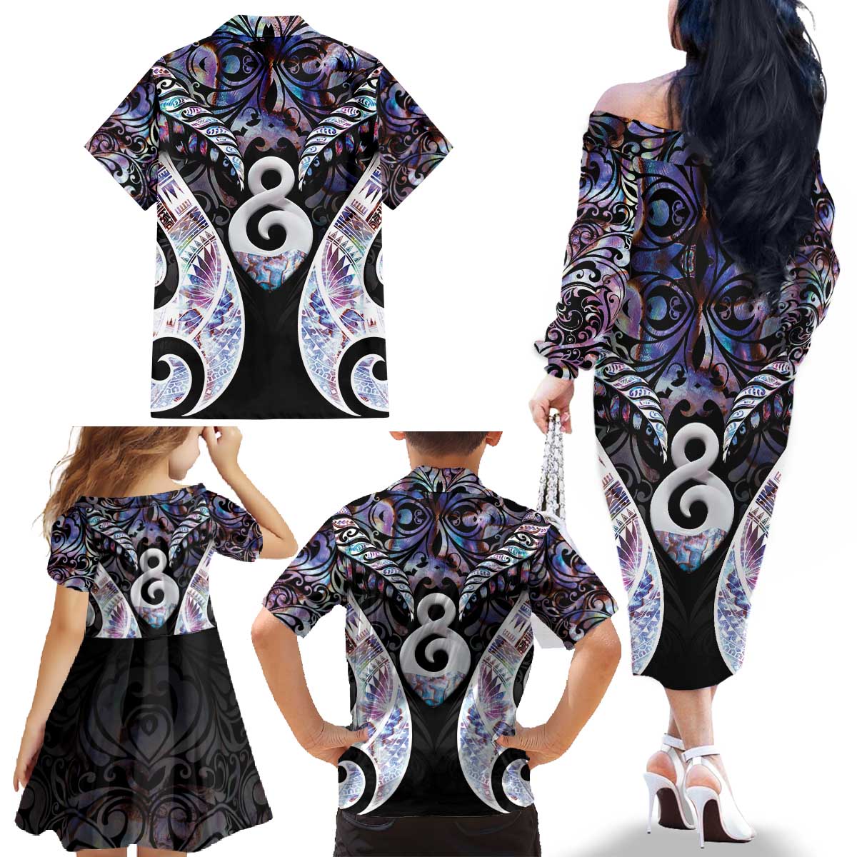 New Zealand Aotearoa Family Matching Off The Shoulder Long Sleeve Dress and Hawaiian Shirt Pikorua Single Twist Pink Paua Shell