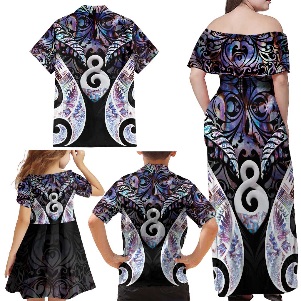 New Zealand Aotearoa Family Matching Off Shoulder Maxi Dress and Hawaiian Shirt Pikorua Single Twist Pink Paua Shell