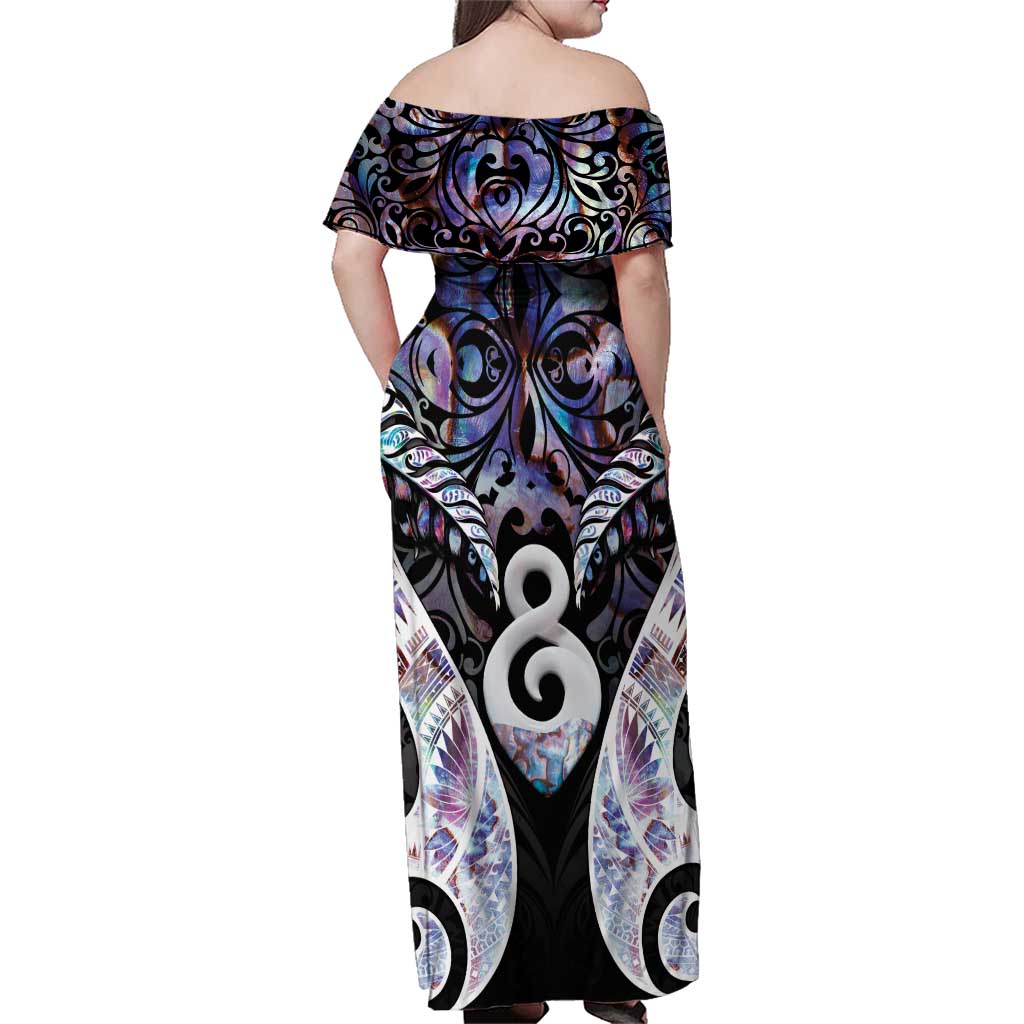 New Zealand Aotearoa Family Matching Off Shoulder Maxi Dress and Hawaiian Shirt Pikorua Single Twist Pink Paua Shell