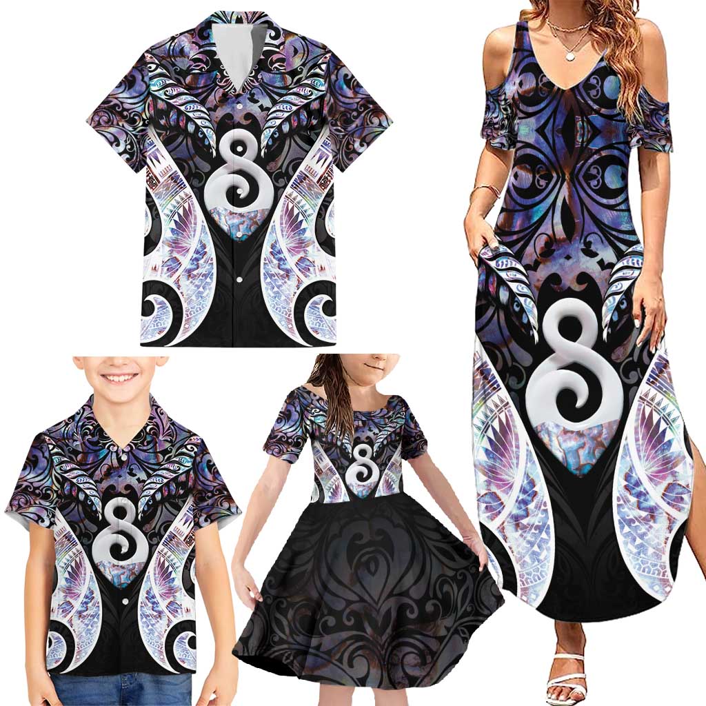 New Zealand Aotearoa Family Matching Summer Maxi Dress and Hawaiian Shirt Pikorua Single Twist Pink Paua Shell DT05 - Polynesian Pride