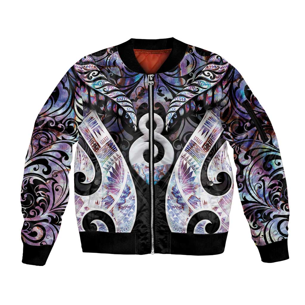 New Zealand Aotearoa Sleeve Zip Bomber Jacket Pikorua Single Twist Pink Paua Shell