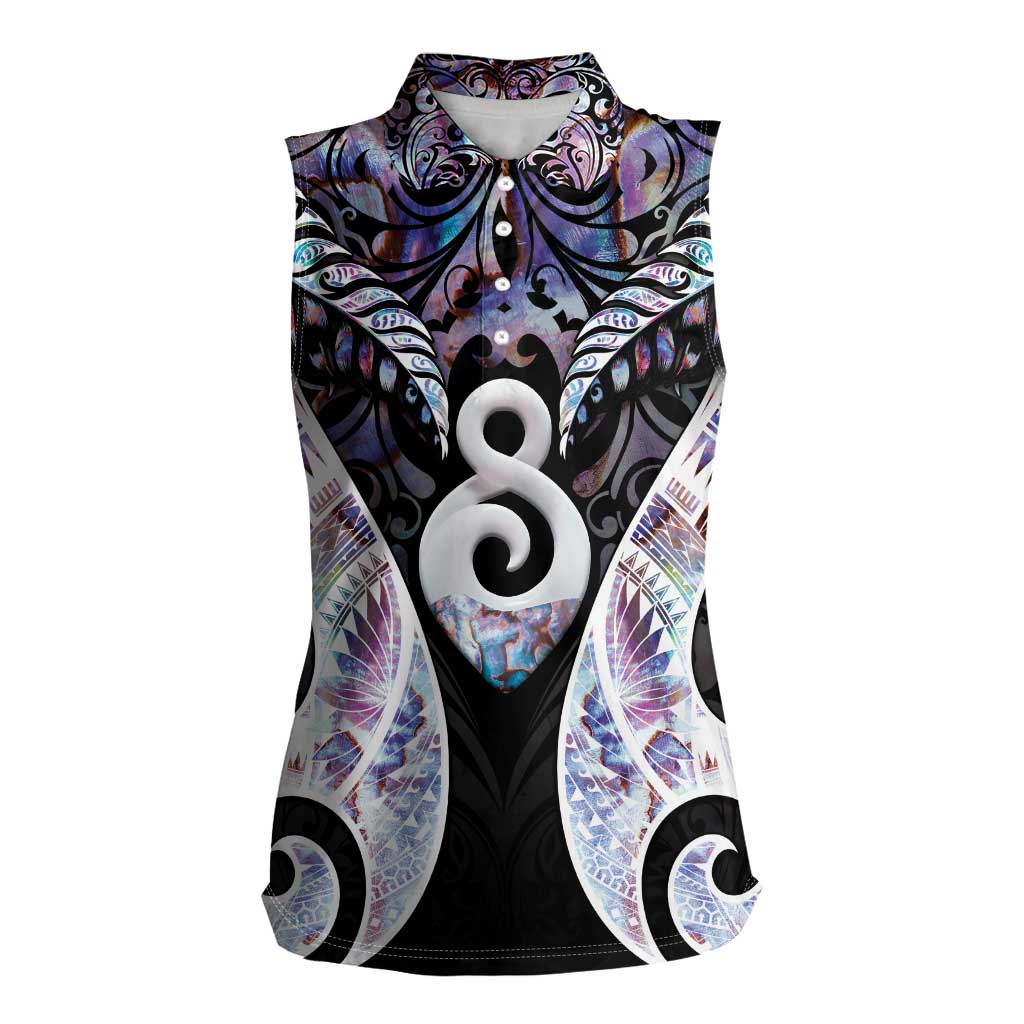 New Zealand Aotearoa Women Sleeveless Polo Shirt Pikorua Single Twist Pink Paua Shell