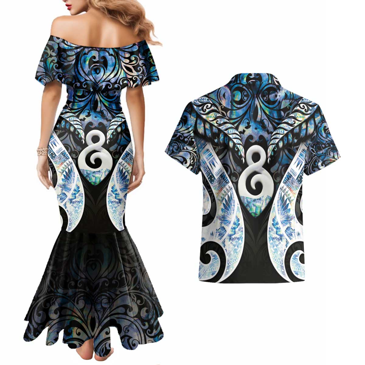 New Zealand Aotearoa Couples Matching Mermaid Dress and Hawaiian Shirt Pikorua Single Twist Green Paua Shell