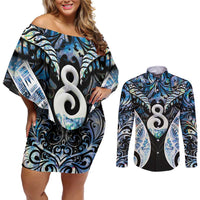 New Zealand Aotearoa Couples Matching Off Shoulder Short Dress and Long Sleeve Button Shirt Pikorua Single Twist Green Paua Shell