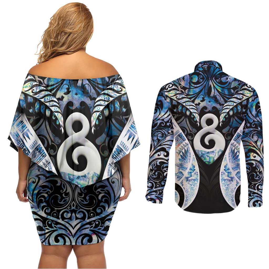 New Zealand Aotearoa Couples Matching Off Shoulder Short Dress and Long Sleeve Button Shirt Pikorua Single Twist Green Paua Shell