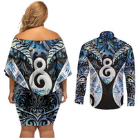 New Zealand Aotearoa Couples Matching Off Shoulder Short Dress and Long Sleeve Button Shirt Pikorua Single Twist Green Paua Shell