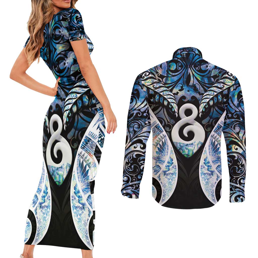 New Zealand Aotearoa Couples Matching Short Sleeve Bodycon Dress and Long Sleeve Button Shirt Pikorua Single Twist Green Paua Shell