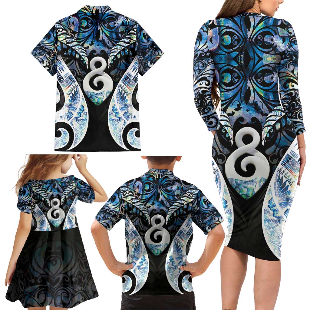 New Zealand Aotearoa Family Matching Long Sleeve Bodycon Dress and Hawaiian Shirt Pikorua Single Twist Green Paua Shell
