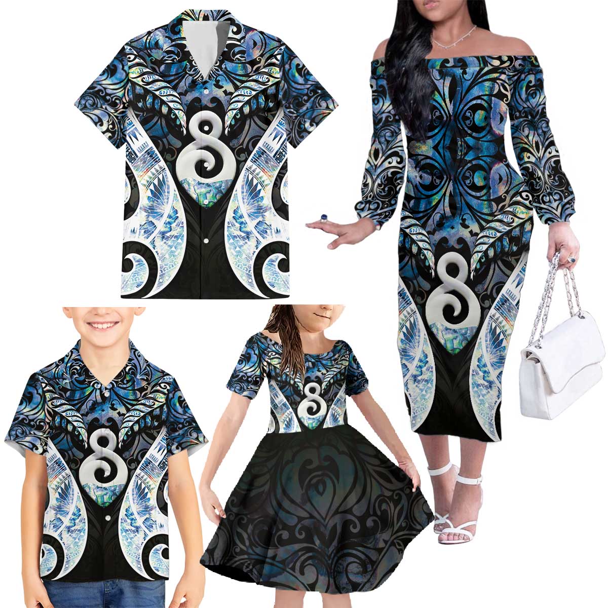 New Zealand Aotearoa Family Matching Off The Shoulder Long Sleeve Dress and Hawaiian Shirt Pikorua Single Twist Green Paua Shell DT05 - Polynesian Pride