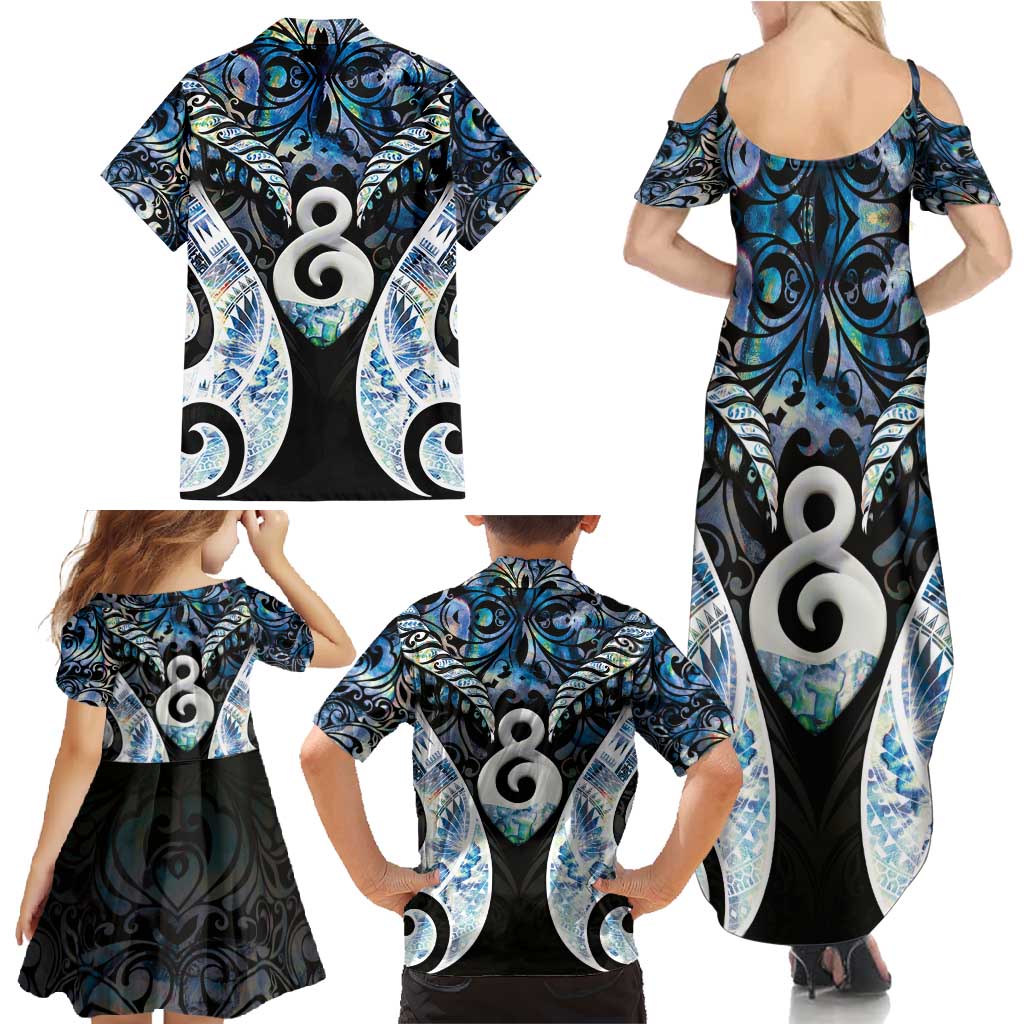 New Zealand Aotearoa Family Matching Summer Maxi Dress and Hawaiian Shirt Pikorua Single Twist Green Paua Shell