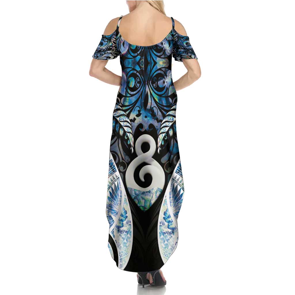 New Zealand Aotearoa Family Matching Summer Maxi Dress and Hawaiian Shirt Pikorua Single Twist Green Paua Shell