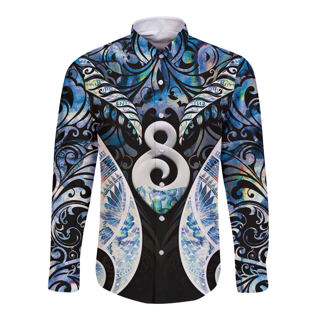 New Zealand Aotearoa Long Sleeve Button Shirt Pikorua Single Twist Green Paua Shell DT05 Unisex Green - Polynesian Pride
