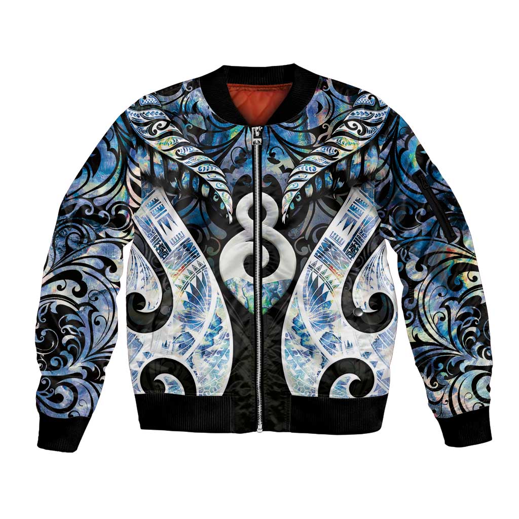 New Zealand Aotearoa Sleeve Zip Bomber Jacket Pikorua Single Twist Green Paua Shell