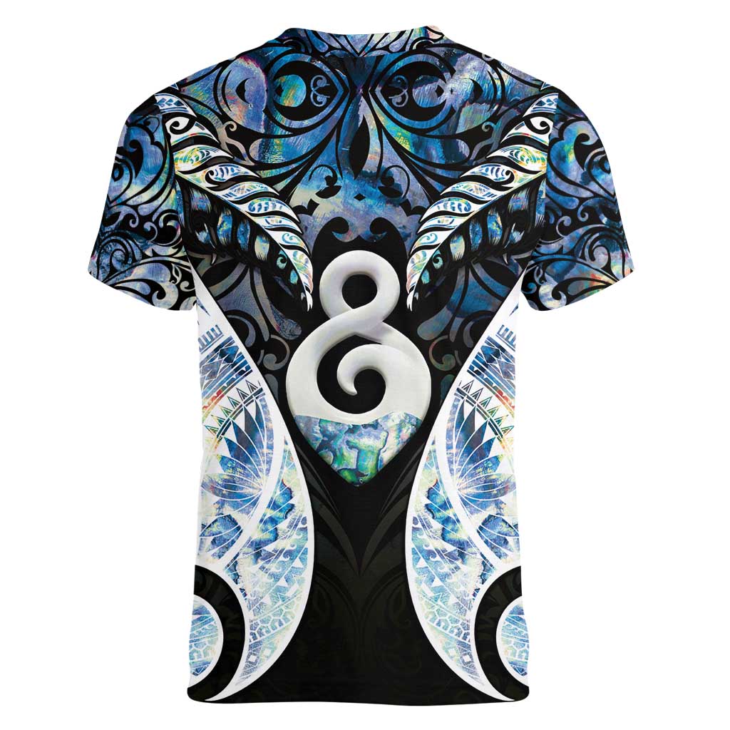 New Zealand Aotearoa Women V-Neck T-Shirt Pikorua Single Twist Green Paua Shell