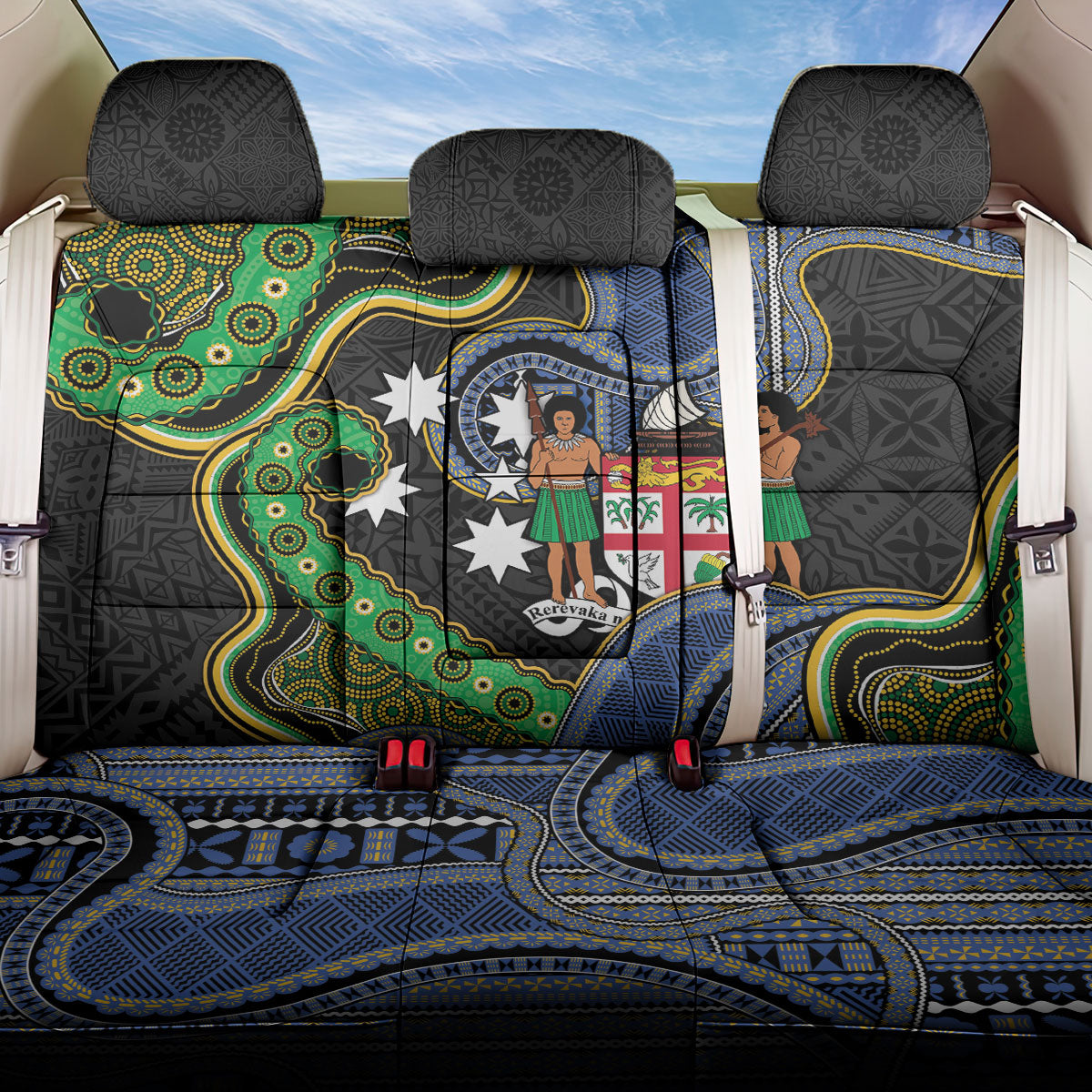South Sea Islanders And Fiji Back Car Seat Cover Fijian Coat Of Arms And Southern Cross DT05 One Size Black - Polynesian Pride