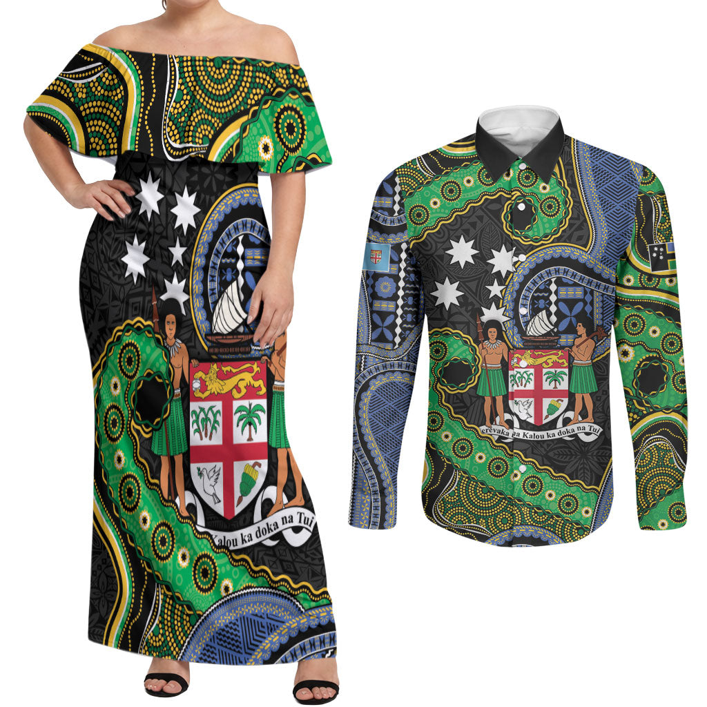 South Sea Islanders And Fiji Couples Matching Off Shoulder Maxi Dress and Long Sleeve Button Shirt Fijian Coat Of Arms And Southern Cross DT05 Black - Polynesian Pride