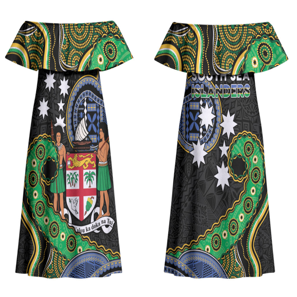South Sea Islanders And Fiji Couples Matching Off Shoulder Maxi Dress and Long Sleeve Button Shirt Fijian Coat Of Arms And Southern Cross DT05 - Polynesian Pride