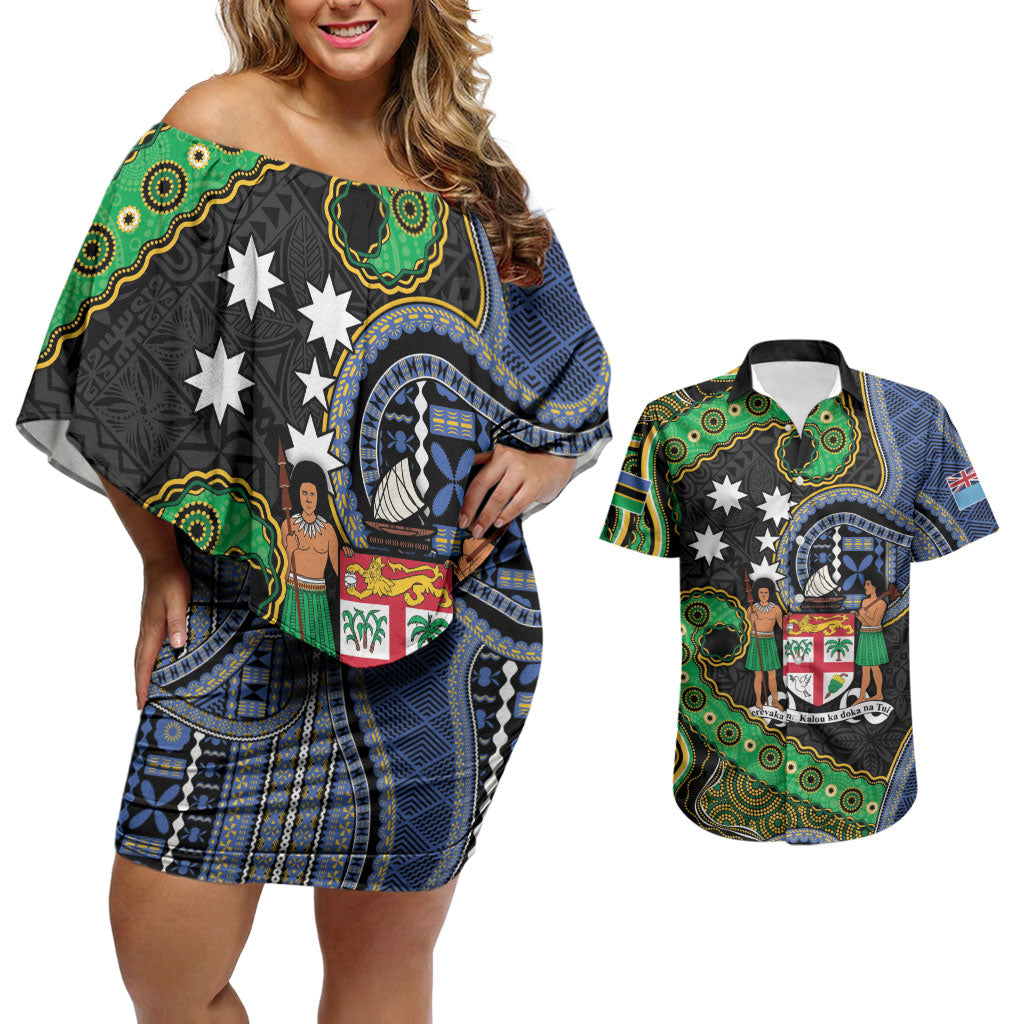 South Sea Islanders And Fiji Couples Matching Off Shoulder Short Dress and Hawaiian Shirt Fijian Coat Of Arms And Southern Cross DT05 Black - Polynesian Pride