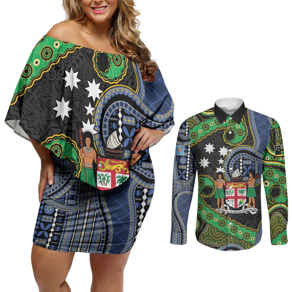 South Sea Islanders And Fiji Couples Matching Off Shoulder Short Dress and Long Sleeve Button Shirt Fijian Coat Of Arms And Southern Cross DT05 Black - Polynesian Pride