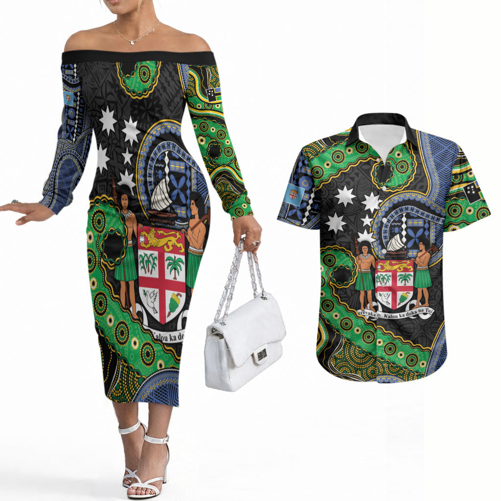 South Sea Islanders And Fiji Couples Matching Off The Shoulder Long Sleeve Dress and Hawaiian Shirt Fijian Coat Of Arms And Southern Cross DT05 Black - Polynesian Pride