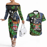 South Sea Islanders And Fiji Couples Matching Off The Shoulder Long Sleeve Dress and Hawaiian Shirt Fijian Coat Of Arms And Southern Cross DT05 Black - Polynesian Pride