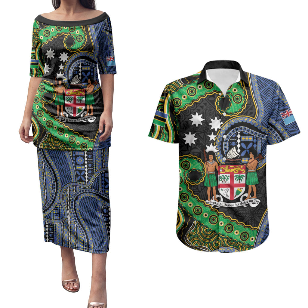 South Sea Islanders And Fiji Couples Matching Puletasi and Hawaiian Shirt Fijian Coat Of Arms And Southern Cross DT05 Black - Polynesian Pride