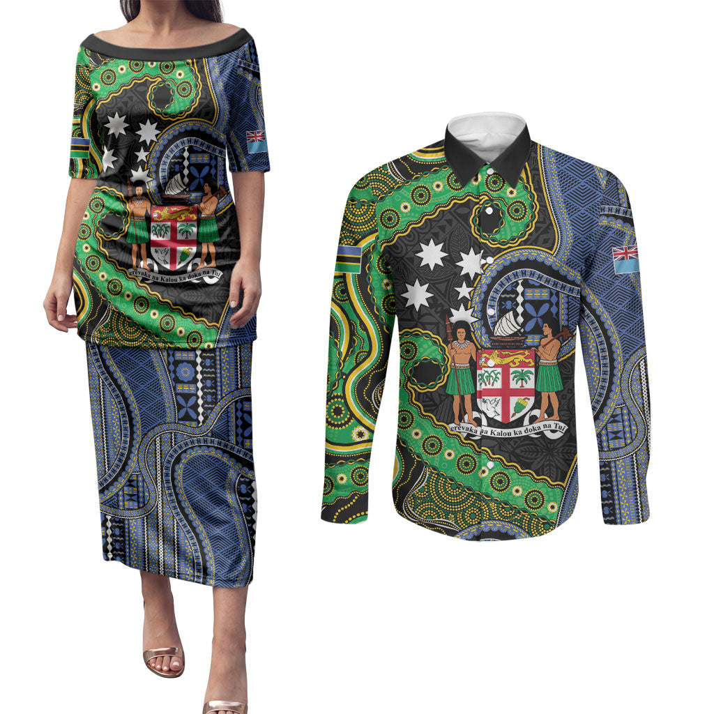 South Sea Islanders And Fiji Couples Matching Puletasi and Long Sleeve Button Shirt Fijian Coat Of Arms And Southern Cross DT05 Black - Polynesian Pride