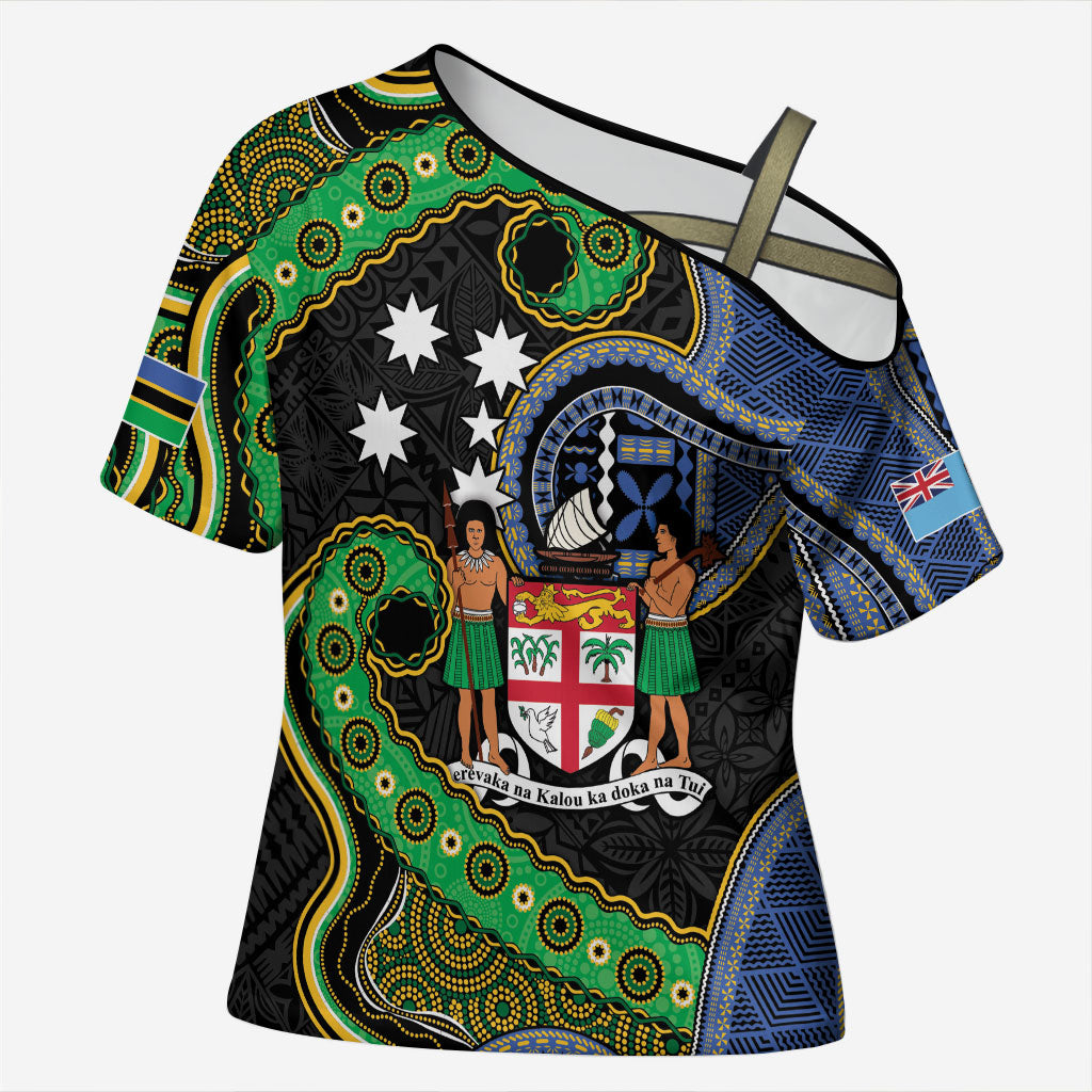 South Sea Islanders And Fiji Cross Shoulder Shirt Fijian Coat Of Arms And Southern Cross DT05 Female Black - Polynesian Pride