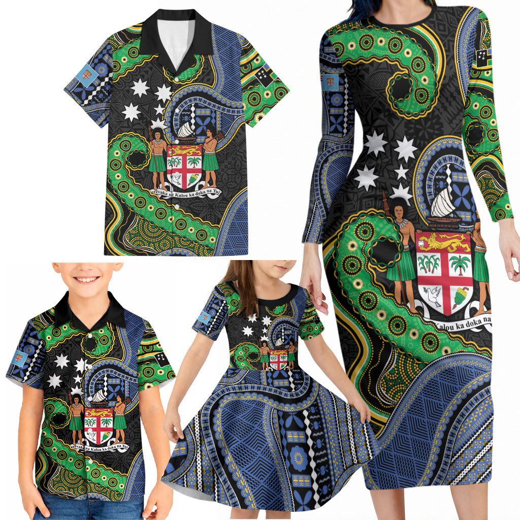 South Sea Islanders And Fiji Family Matching Long Sleeve Bodycon Dress and Hawaiian Shirt Fijian Coat Of Arms And Southern Cross DT05 - Polynesian Pride