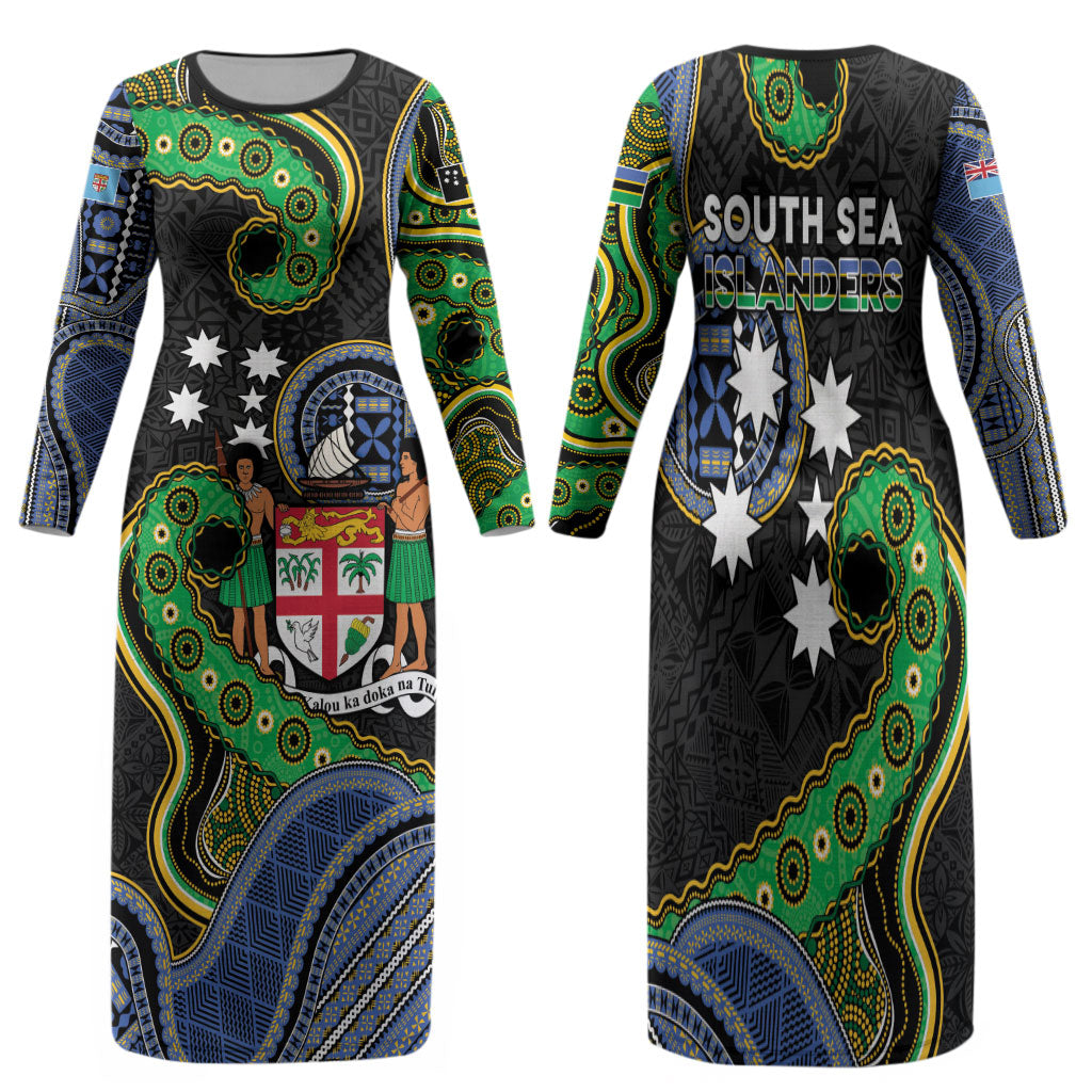 South Sea Islanders And Fiji Family Matching Long Sleeve Bodycon Dress and Hawaiian Shirt Fijian Coat Of Arms And Southern Cross DT05 Mom's Dress Black - Polynesian Pride